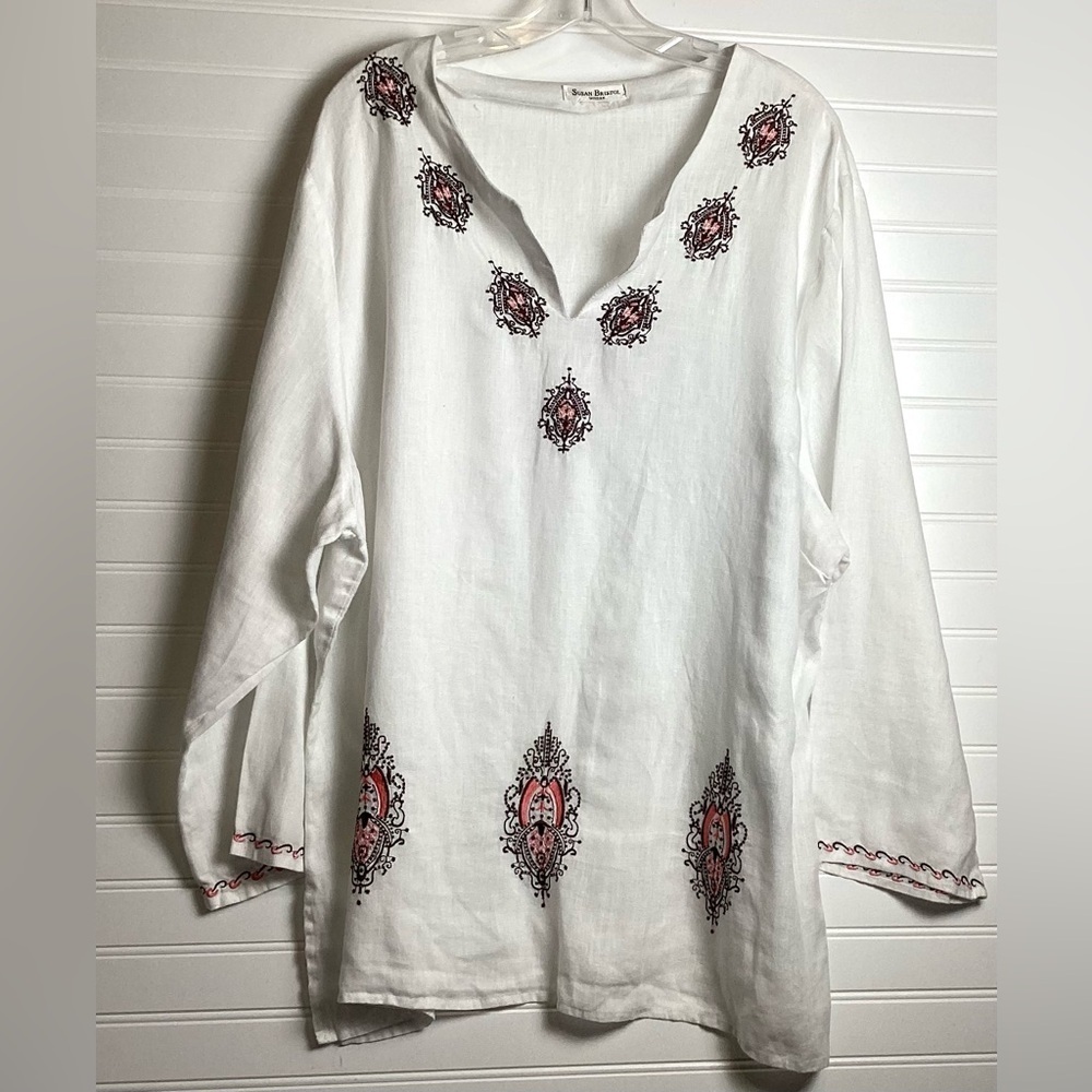 Susan Bristol White embroidered Long sleeve Boho Top Tunic Linen blend  XXL